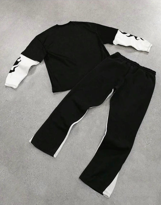 Men's Colorblock Figure Print Tee & Star Graphic Flare Leg Pants Set, Regular Fit Casual Long Sleeve Round Neck T-shirt & Drawstring Waist Bell Bottom Trousers, Men's Two-piece Outfits for All Seasons