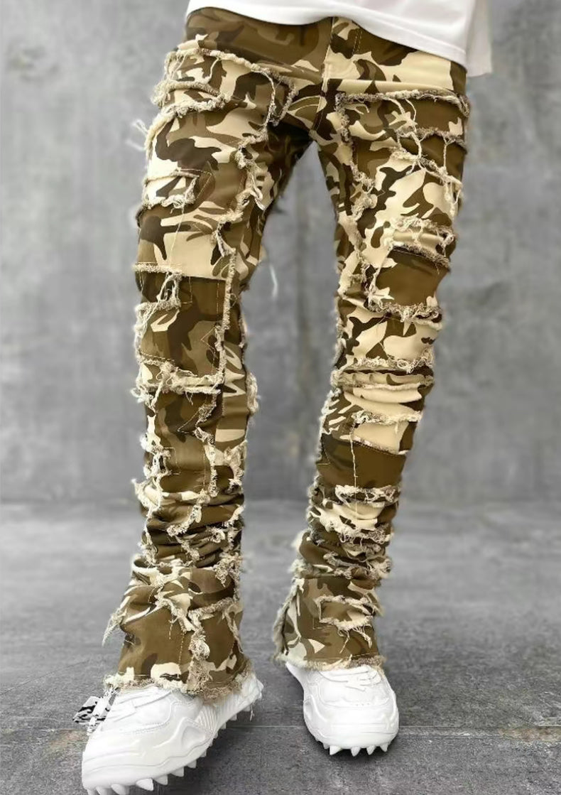 Men Trousers Individual Patched Pants Long Tight Fit Stacked Jeans for Mens Clothing