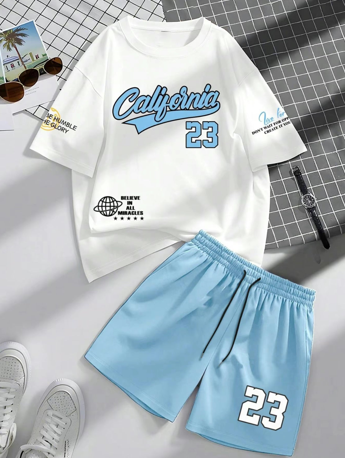 Two-Piece Set Men's Letter Graphic Short Sleeve Tee & Shorts, Regular Fit Casual Round Neck T-shirt & Track Shorts, Men's Summer Clothes