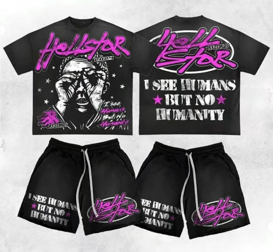 Menmodex Vintage With I See Humen Graphic T-Shirt And Sweat Shorts Co-Ord T-Shirt Set