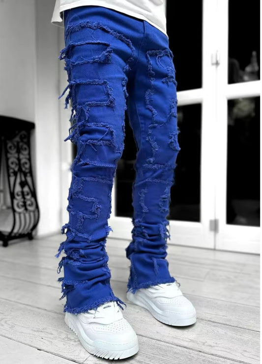 Men Trousers Individual Patched Pants Long Tight Fit Stacked Jeans for Mens Clothing