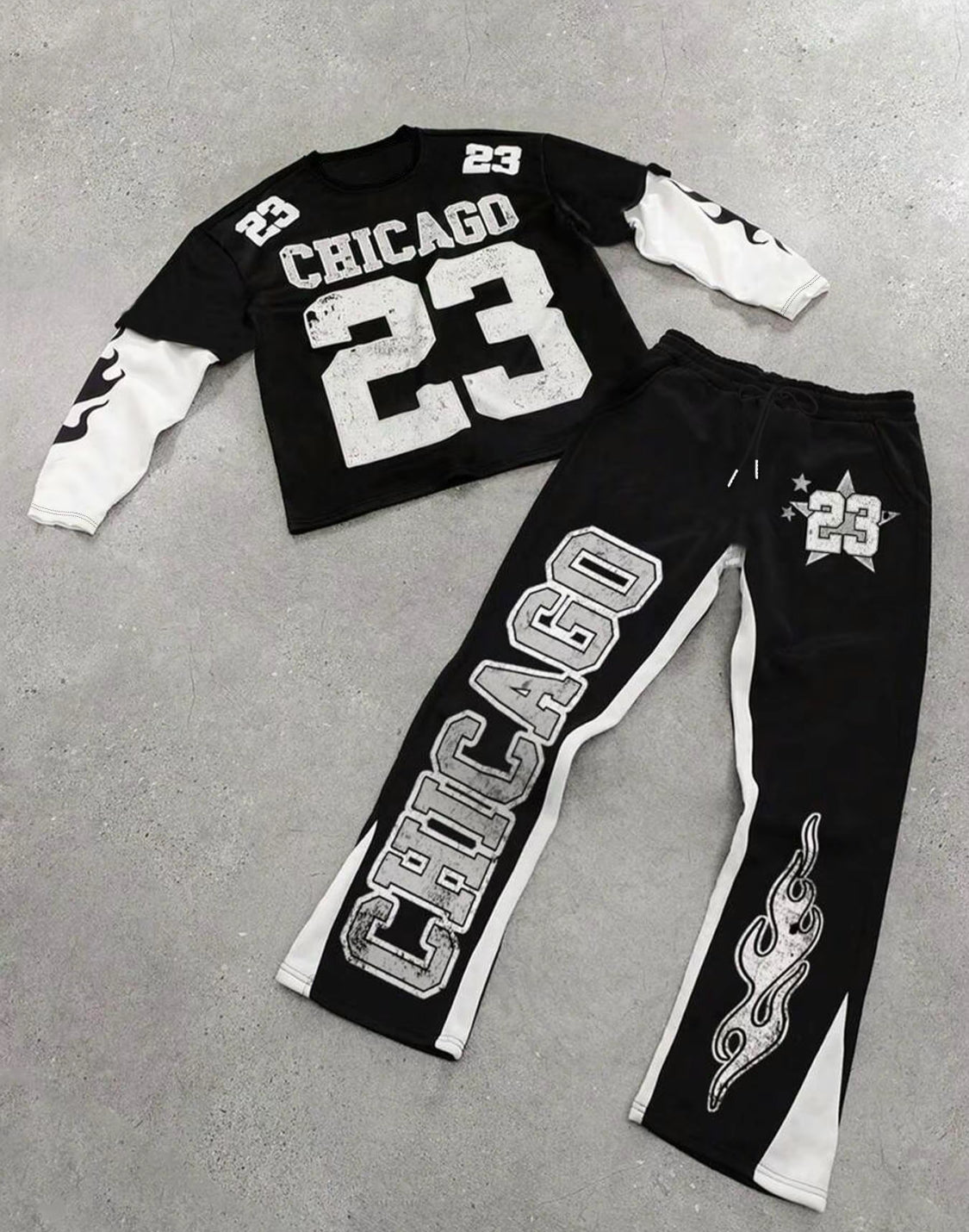 Men's Colorblock Figure Print Tee & Star Graphic Flare Leg Pants Set, Regular Fit Casual Long Sleeve Round Neck T-shirt & Drawstring Waist Bell Bottom Trousers, Men's Two-piece Outfits for All Seasons