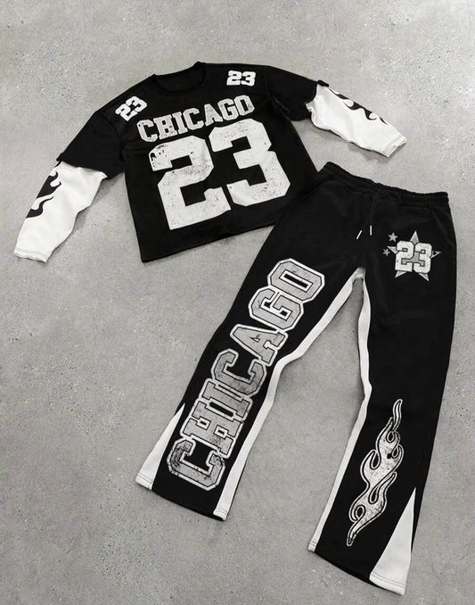 Men's Colorblock Figure Print Tee & Star Graphic Flare Leg Pants Set, Regular Fit Casual Long Sleeve Round Neck T-shirt & Drawstring Waist Bell Bottom Trousers, Men's Two-piece Outfits for All Seasons