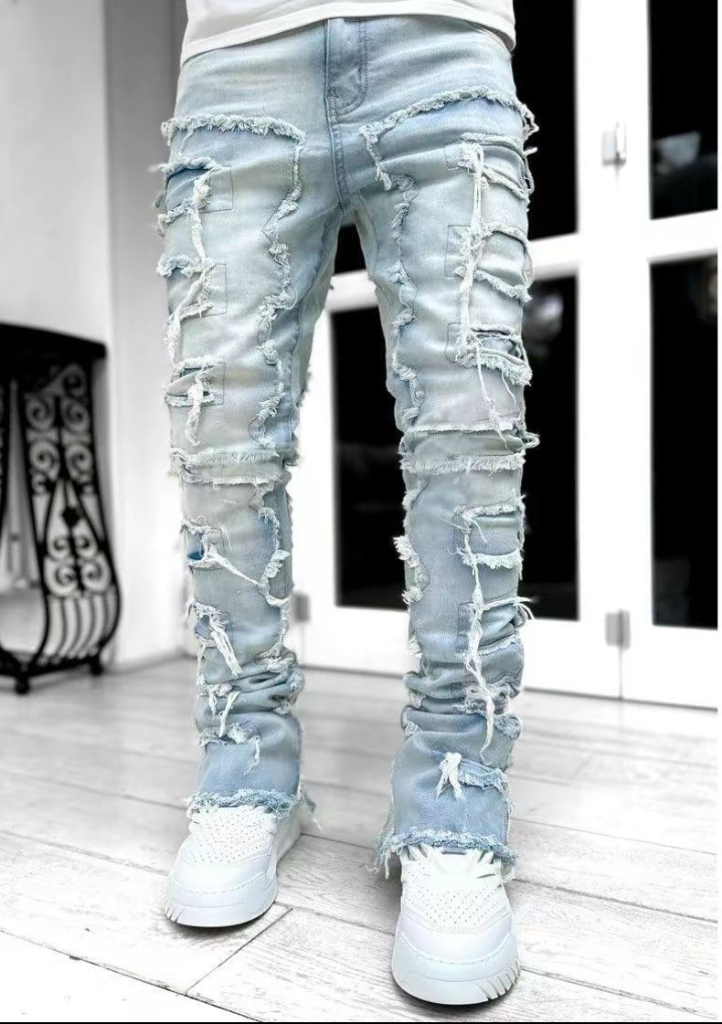 Men Trousers Individual Patched Pants Long Tight Fit Stacked Jeans for Mens Clothing