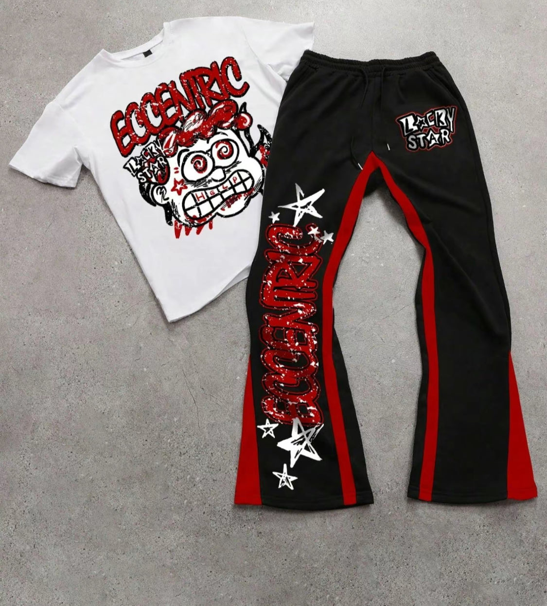 Two-piece Set Men's Figure Graphic Tee & Colorblock Drawstring Waist Flare Leg
Sweatpants, Regular Fit Round Neck Short Sleeve T-shirt & Bell Bottom Trousers, Sets for Men Clothing, Summer Outfits