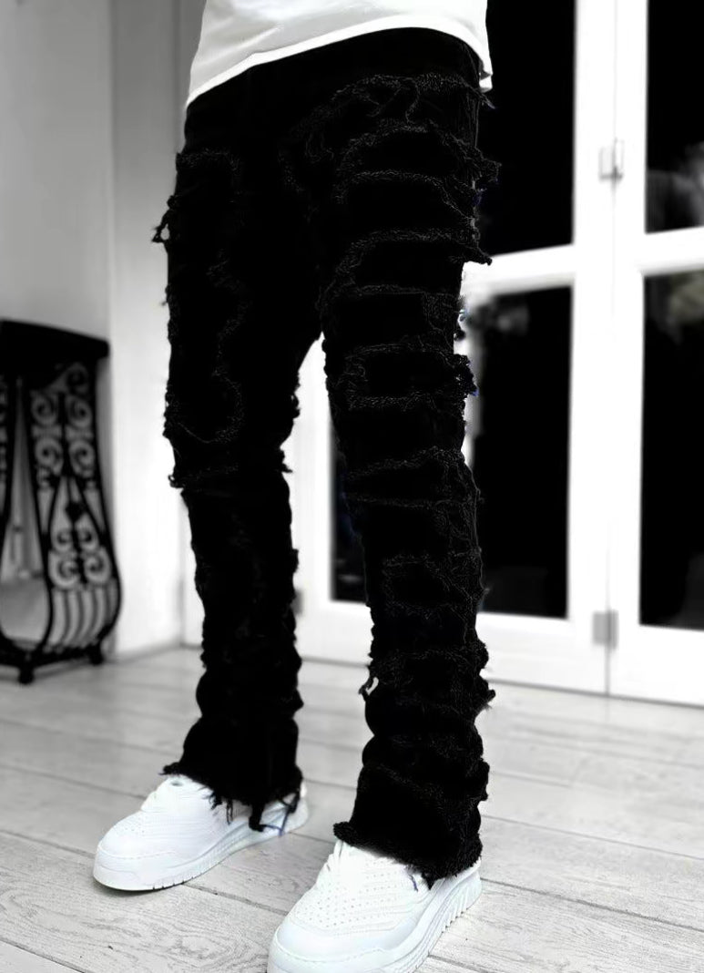 Men Trousers Individual Patched Pants Long Tight Fit Stacked Jeans for Mens Clothing