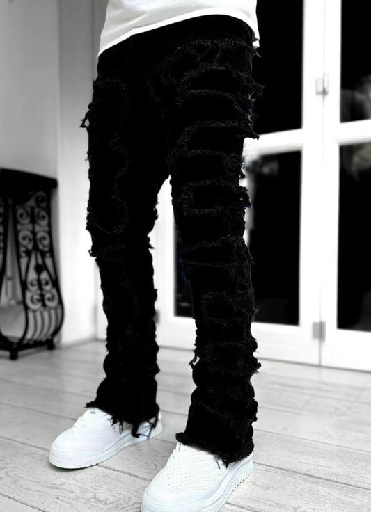 Men Trousers Individual Patched Pants Long Tight Fit Stacked Jeans for Mens Clothing
