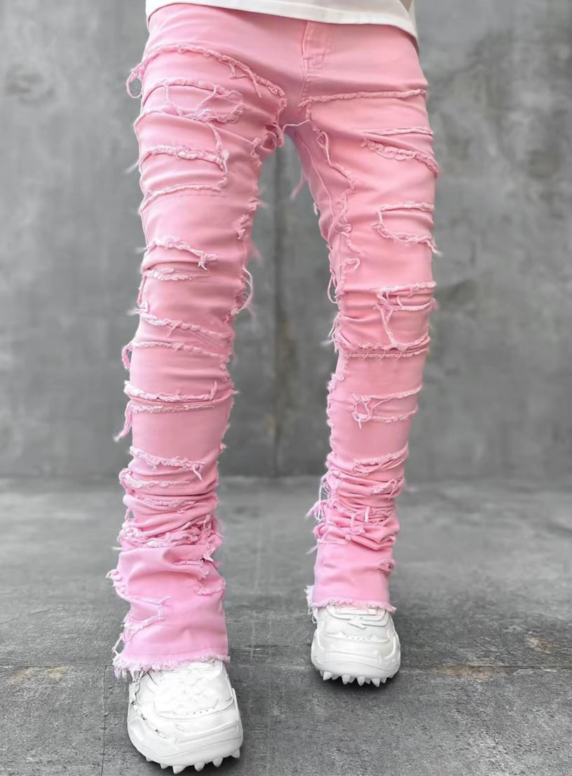 Men Trousers Individual Patched Pants Long Tight Fit Stacked Jeans for Mens Clothing